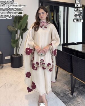 Roman Glass Embroidery Suit Set With Dupatta