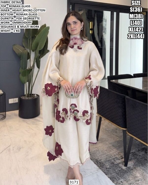 Roman Glass Embroidery Suit Set With Dupatta