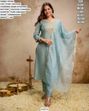 Pure Viscouse Chanderi Suit Set With Pure Organza Dupatta