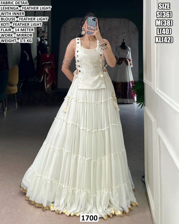 Elegant Feather Light Mirror Work Lehenga Set