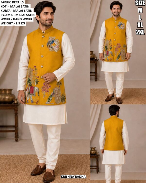 Men’s Designer Koti Kurta Pajama Set With Hand Work