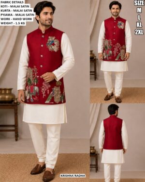 Men’s Designer Koti Kurta Pajama Set With Hand Work