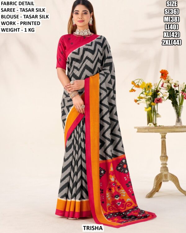 Printed Tasar Silk Saree With Blouse