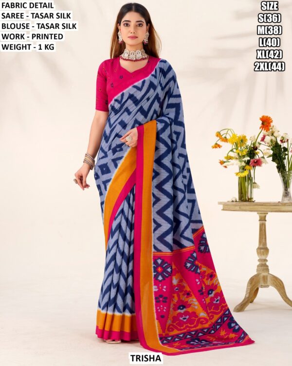 Printed Tasar Silk Saree With Blouse