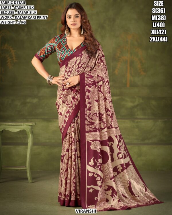 Tasar Silk Kalamkari Print Saree For Women