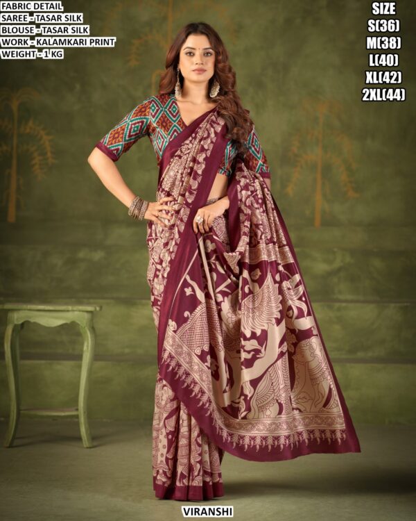 Tasar Silk Kalamkari Print Saree For Women