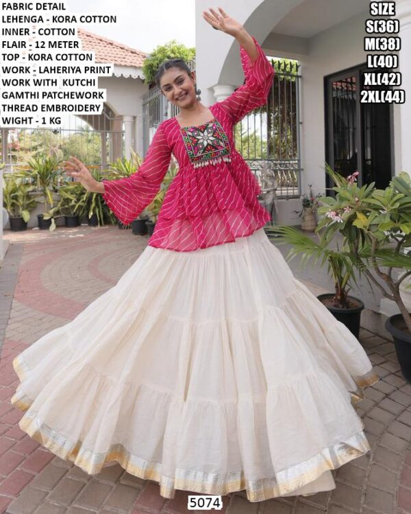 Leheriya Print Kora Cotton Lehenga For Women