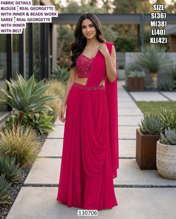 Women’s Georgette Saree With Beads Work Blouse