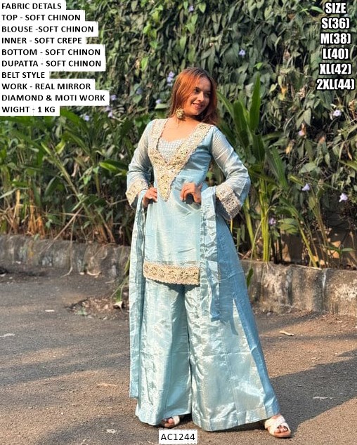 Designer Belt Style Sharara Set With Real Mirror Work