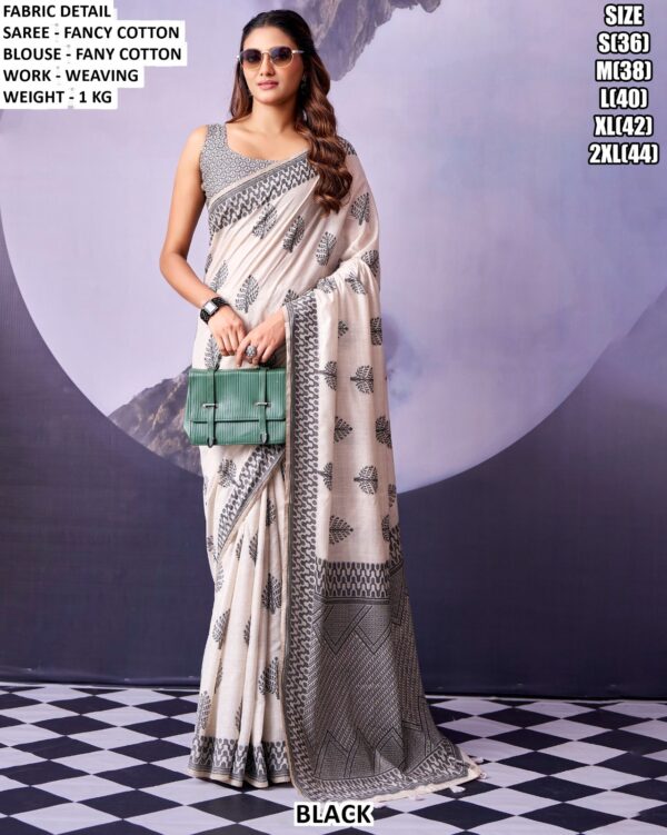 Elegant Monochrome Cotton Saree With Blouse