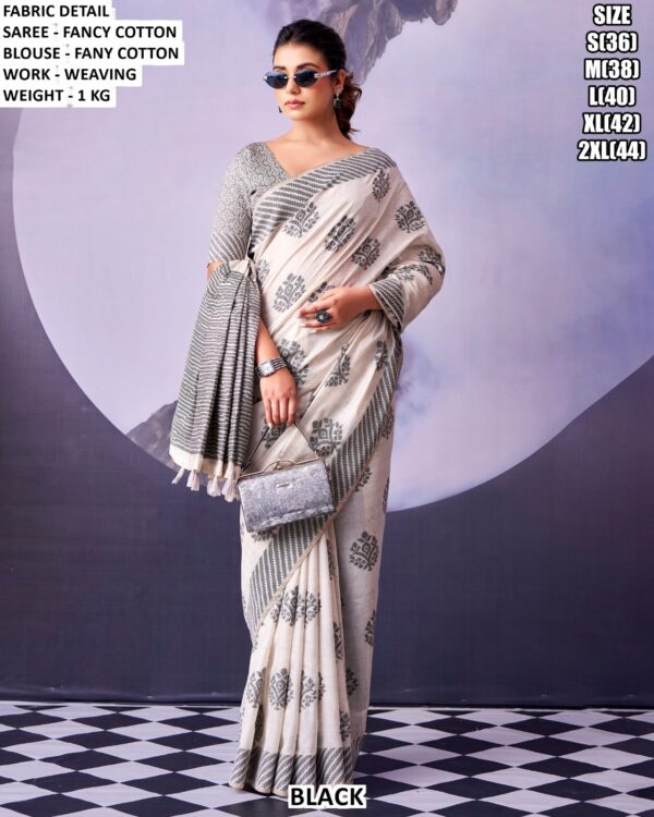 Elegant Monochrome Cotton Saree With Blouse