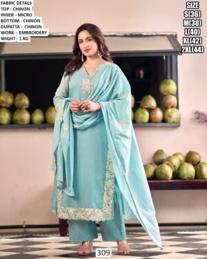 Women's Chinon Embroidered Kurta Pant Set