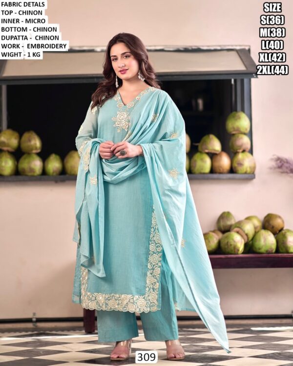 Women's Chinon Embroidered Kurta Pant Set