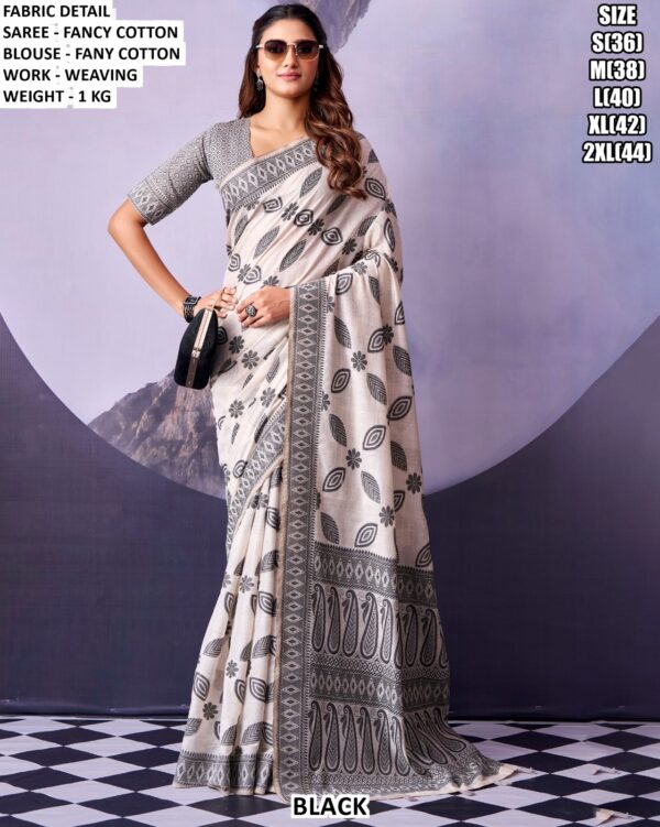 Elegant Monochrome Cotton Saree With Blouse