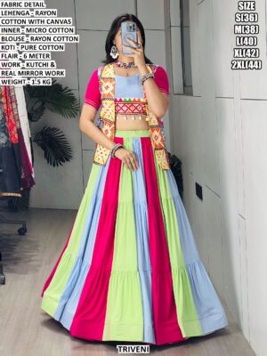 Kutchi Mirror Work Rayon Cotton Lehenga Choli With Koti