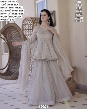 Foil Work Tabby Silk Peplum Sharara Set With Dupatta