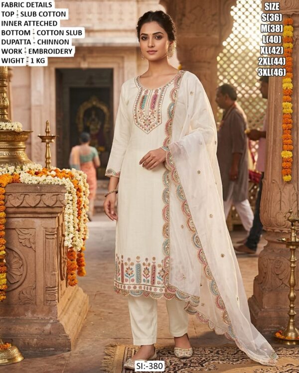 Slub Cotton Embroidered Salwar Suit With Dupatta