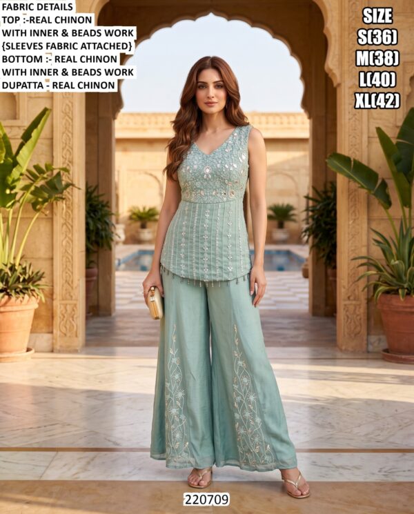 Stylish Beads Work Top And Palazzo Set For Women