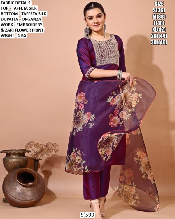 Taffeta Silk Kurta Pant Set With Organza Dupatta