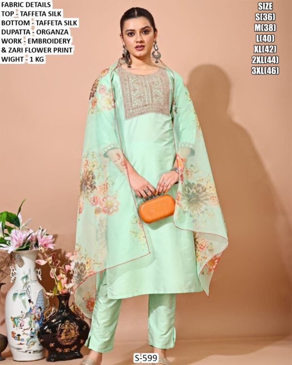 Taffeta Silk Kurta Pant Set With Organza Dupatta