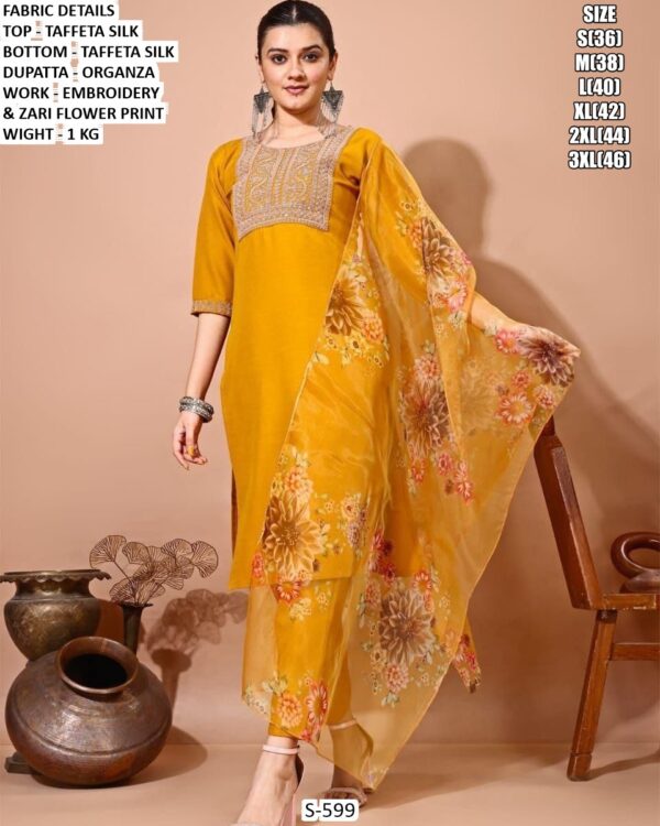 Taffeta Silk Kurta Pant Set With Organza Dupatta