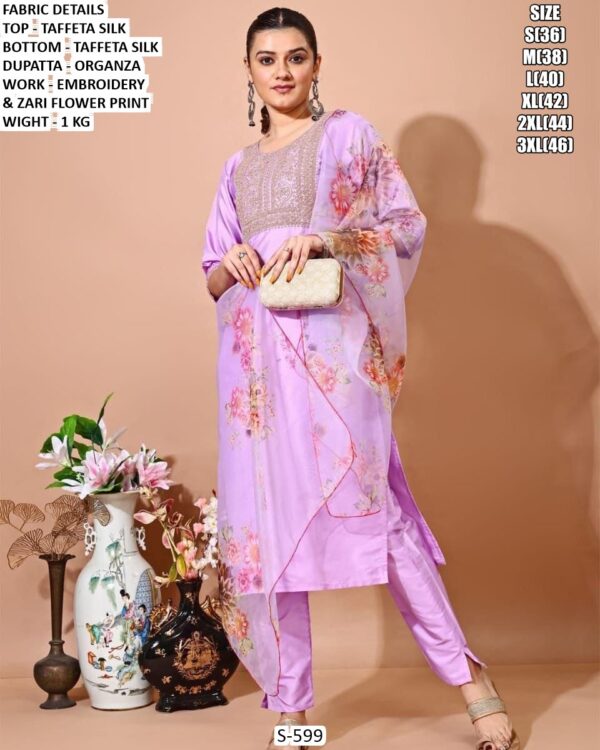 Taffeta Silk Kurta Pant Set With Organza Dupatta