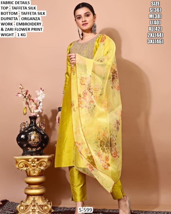 Taffeta Silk Kurta Pant Set With Organza Dupatta