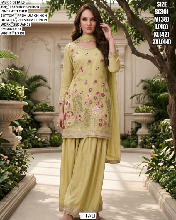 Premium Chinon Embroidered Kurta Palazzo Set