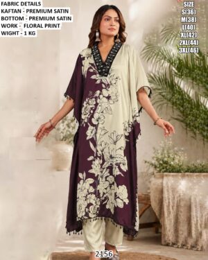 Luxury Floral Printed Satin Kaftan With Bottom