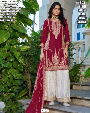 Wedding Wear Chinon Three Piece Ethnic Suit