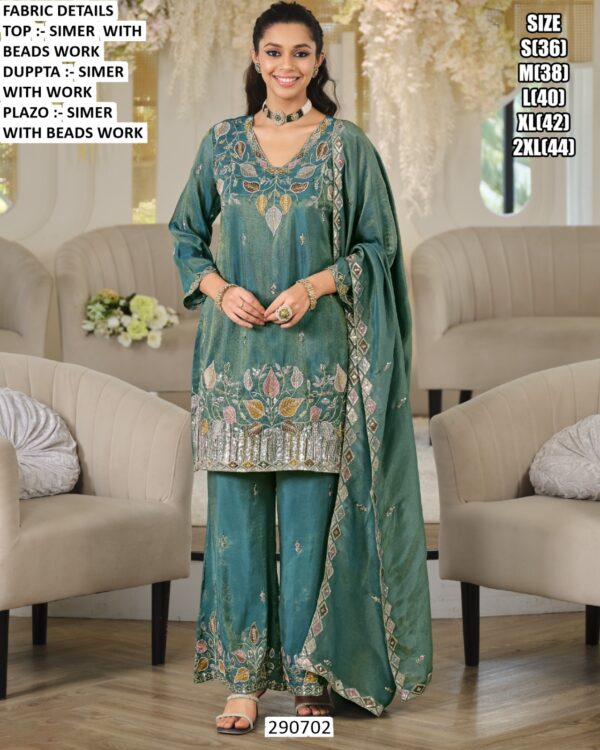 Designer Floral Embroidered Three Piece Palazzo Suit