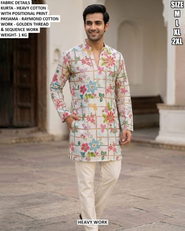 Designer Botanical Print Men’s Kurta Pajama Set