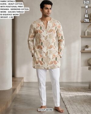 Designer Botanical Print Men’s Kurta Pajama Set