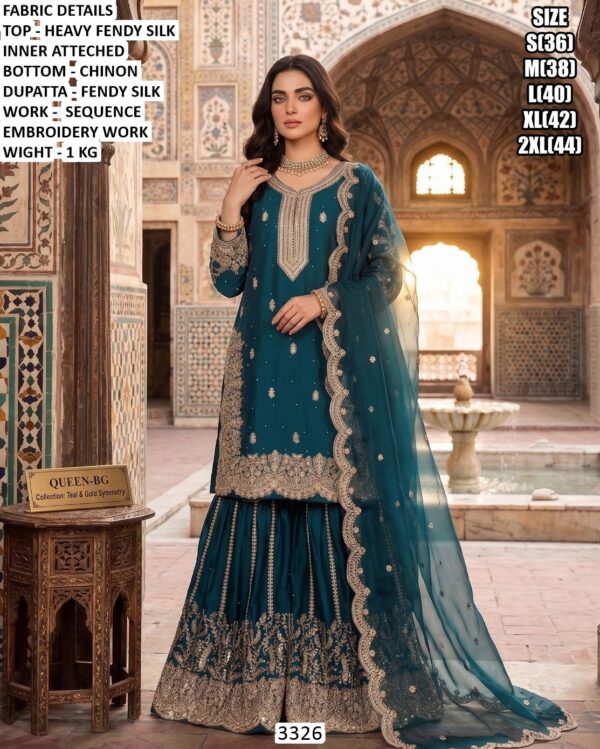 Heavy Embroidery Three Piece Sharara Suit For Women