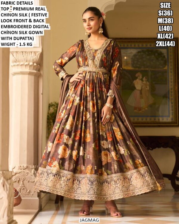 Festive Wear Flared Chinon Silk Gown For Women