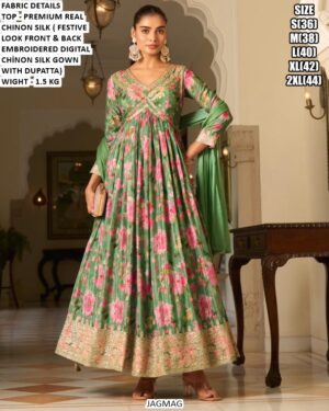 Festive Wear Flared Chinon Silk Gown For Women