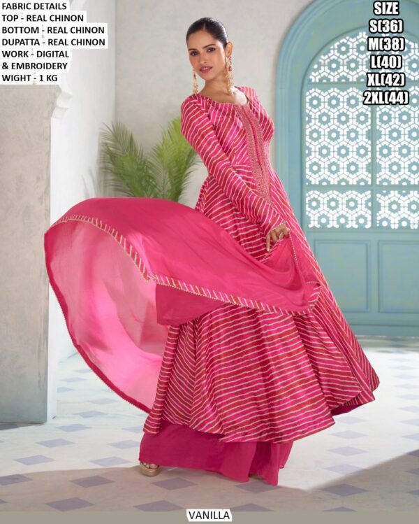 Leheriya Style Chinon Kurta Palazzo Dupatta Set