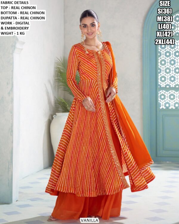 Leheriya Style Chinon Kurta Palazzo Dupatta Set