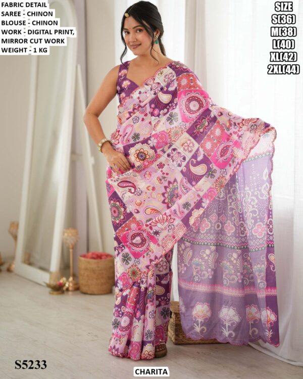 Women’s Chinon Digital Print Saree With Blouse