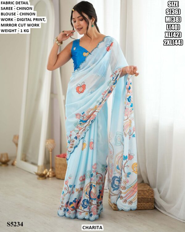 Women’s Chinon Digital Print Saree With Blouse