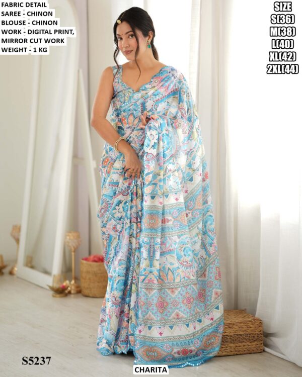 Women’s Chinon Digital Print Saree With Blouse