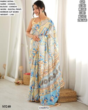 Women’s Chinon Digital Print Saree With Blouse