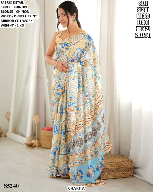 Women’s Chinon Digital Print Saree With Blouse