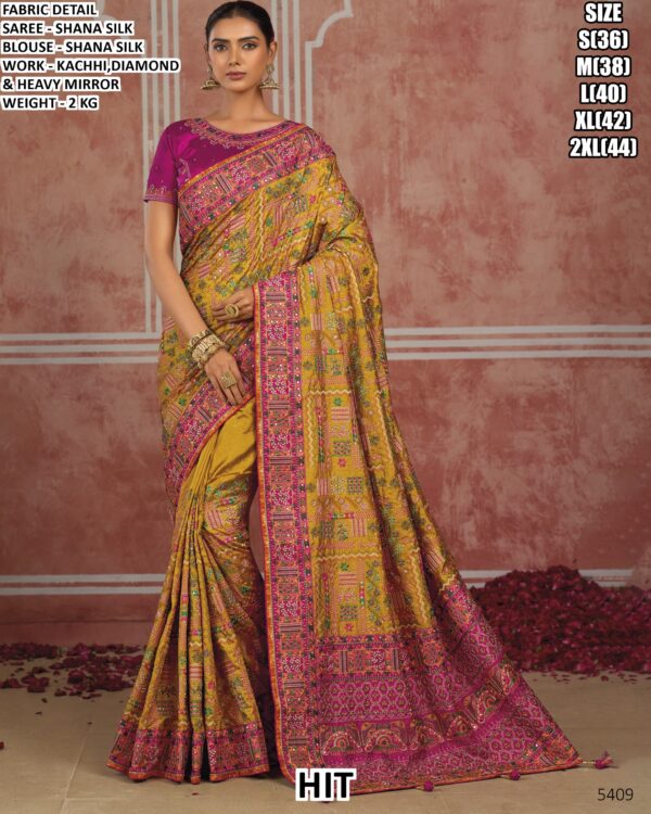 Beautiful Kachhi Embroidered Silk Saree