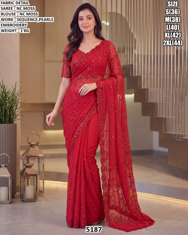 Designer Moss Saree With Pearl Work