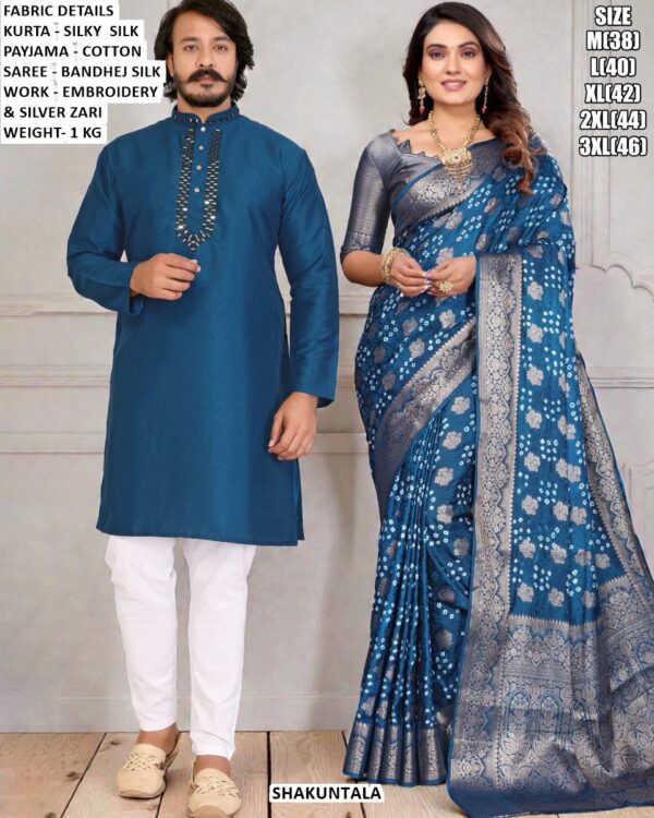 Bandhej Silk Saree And Kurta Couple Set