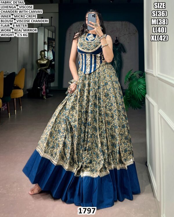 Stylish Mirror Work Blouse And Lehenga Set