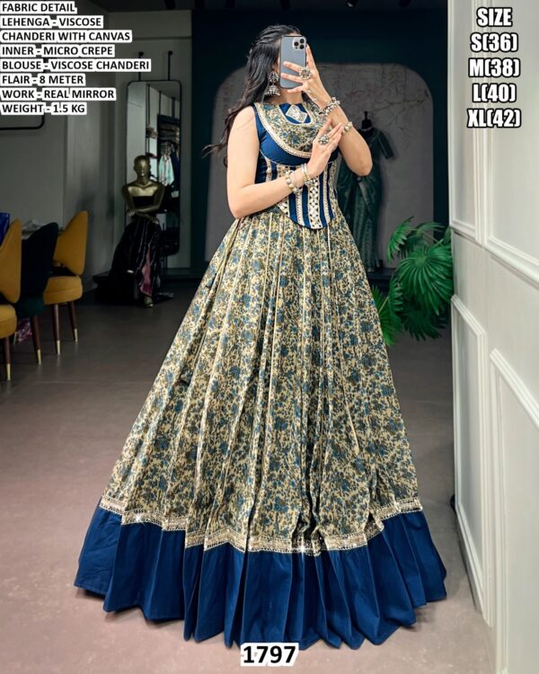 Stylish Mirror Work Blouse And Lehenga Set