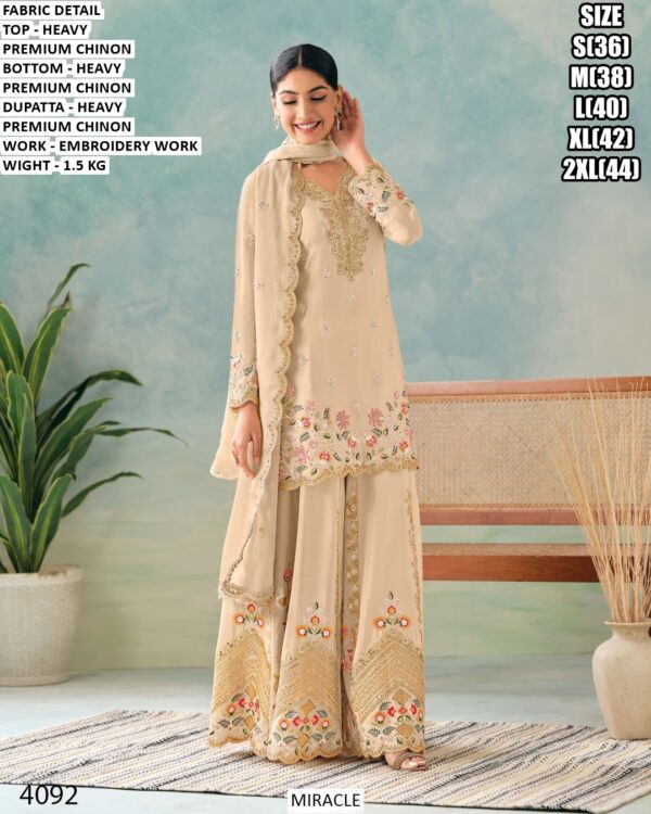 Chinon Embroidered Kurta Palazzo Dupatta Set For Women