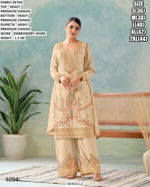 Chinon Embroidered Kurta Palazzo Dupatta Set For Women